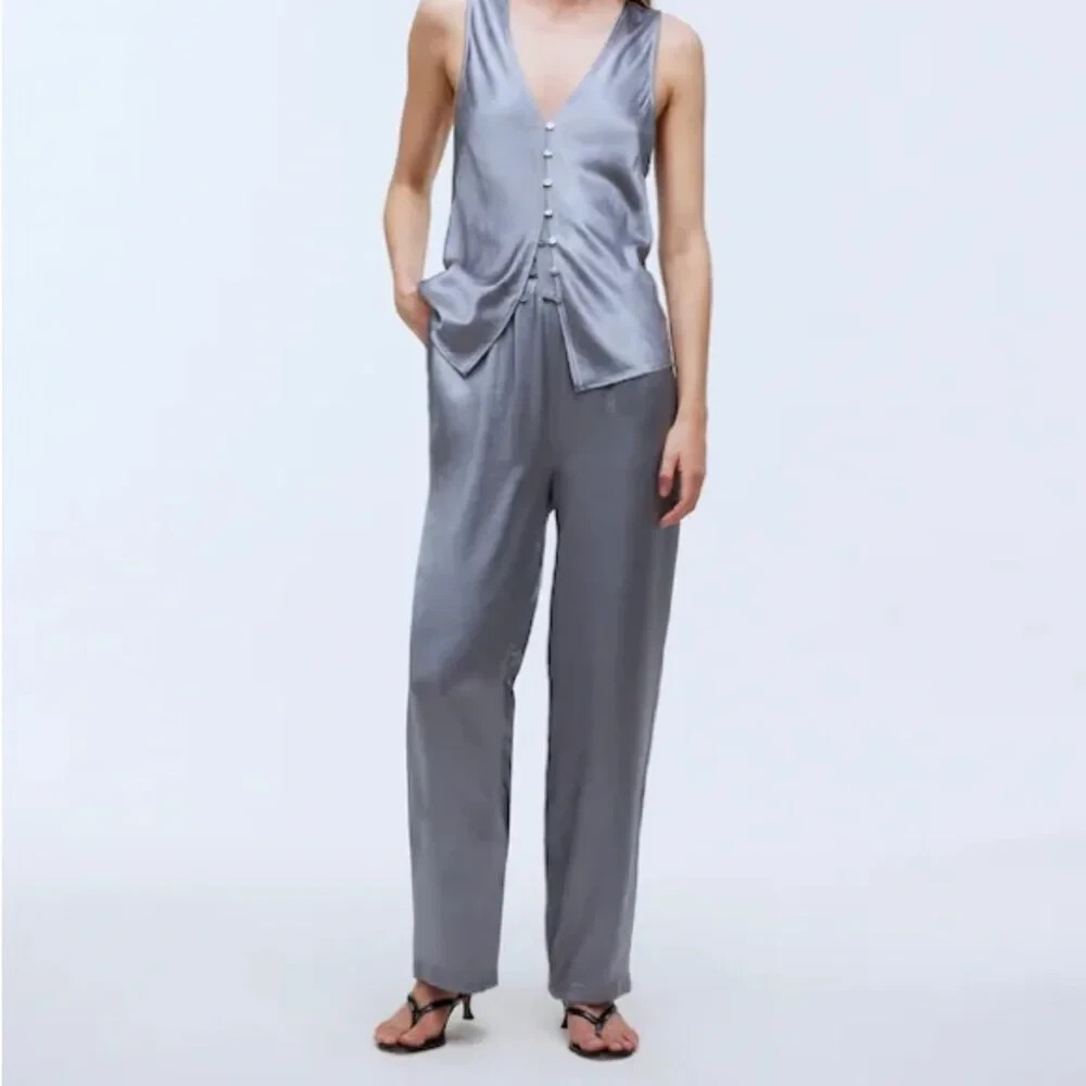 Madewell Satin Full Length Pull On Pants Size S Grey Silver Excellent Condition